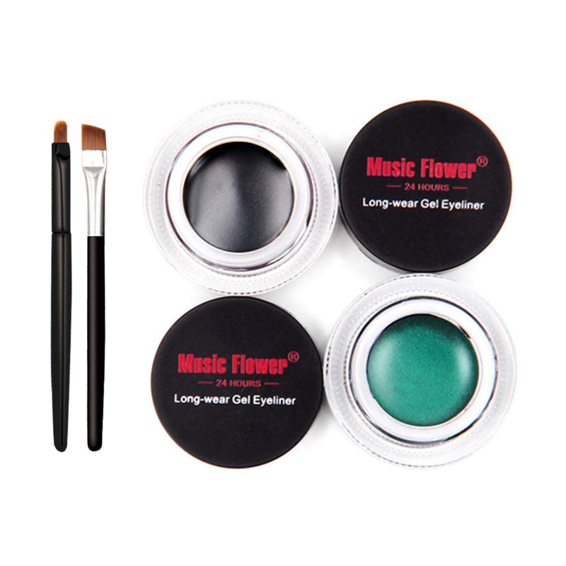 Music Flower Gel Eyeliner With 2 Brushes set Waterproof Long-lasting Smudge-proof Easy to Wear (Green+Black) Green+Black - BeesActive Australia