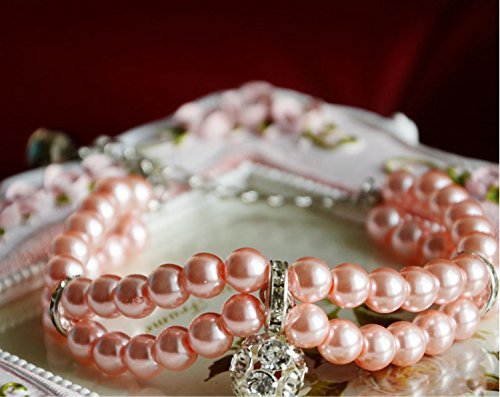 PETFAVORITES Luxury 2 Row Pearls Rhinestones Pet Cat Dog Necklace Collar Jewelry with Bling Crystal Ball Charm Pendant for Pets Cats Small Dogs Female Puppy Chihuahua Yorkie Girls Costume Outfits Neck Size:12"-14" Pink - BeesActive Australia