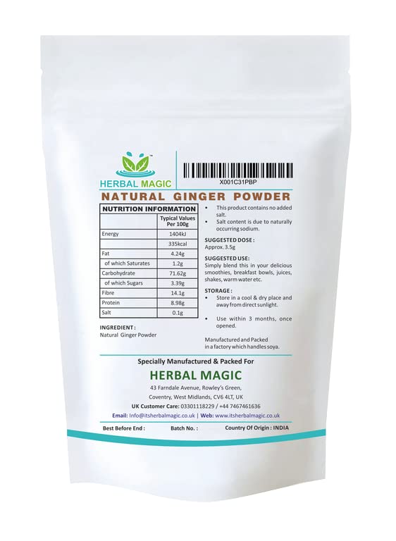 Herbal Magic's Pure & Natural Ginger Powder - King of Spices - High Strength- Vibrant Smoothies, Shakes, Soups, Juices, Baking - Free from Fillers & Preservatives-100g 100 g (Pack of 1) - BeesActive Australia