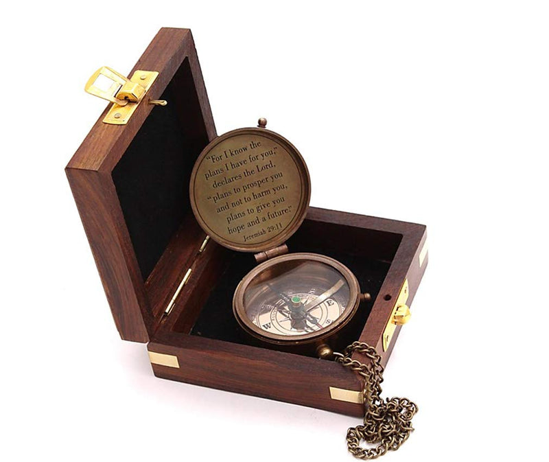 Solid Brass Directional Magnetic Compass Antique Nautical Vintage Quote Engraved with Scripture Jeremiah 29:11, Baptism Gifts with Rosewood Case for Son, Father (for I Know The Plans I Have for You) - BeesActive Australia