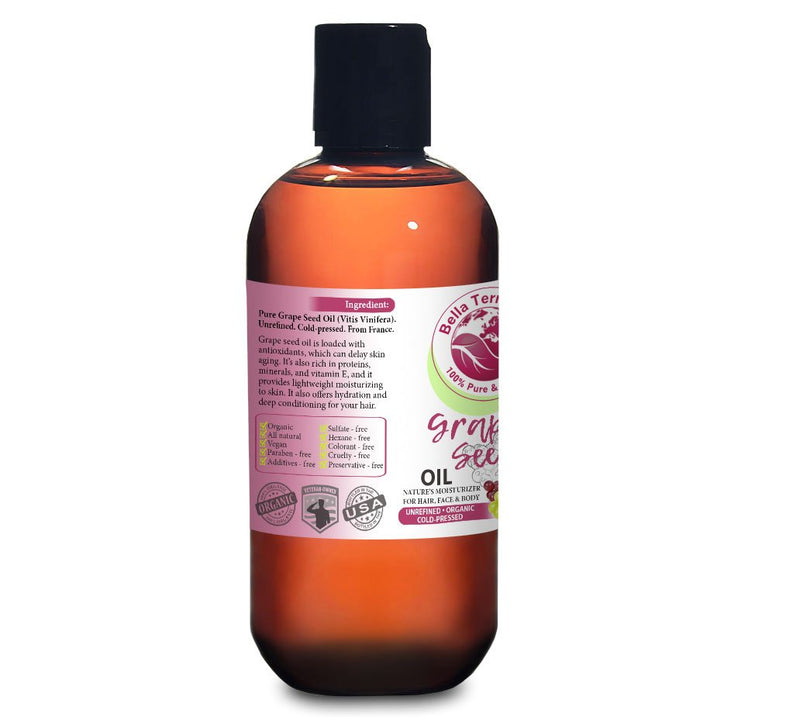 NEW Grape Seed Oil. 8oz. Cold-pressed. Unrefined. Organic. 100% Pure. Rich in vitamins. Hexane-free. Rejuvenates Skin. Softens Hair. Natural Moisturizer. For Hair, Skin, Nails, Beard, Stretch Marks. - BeesActive Australia