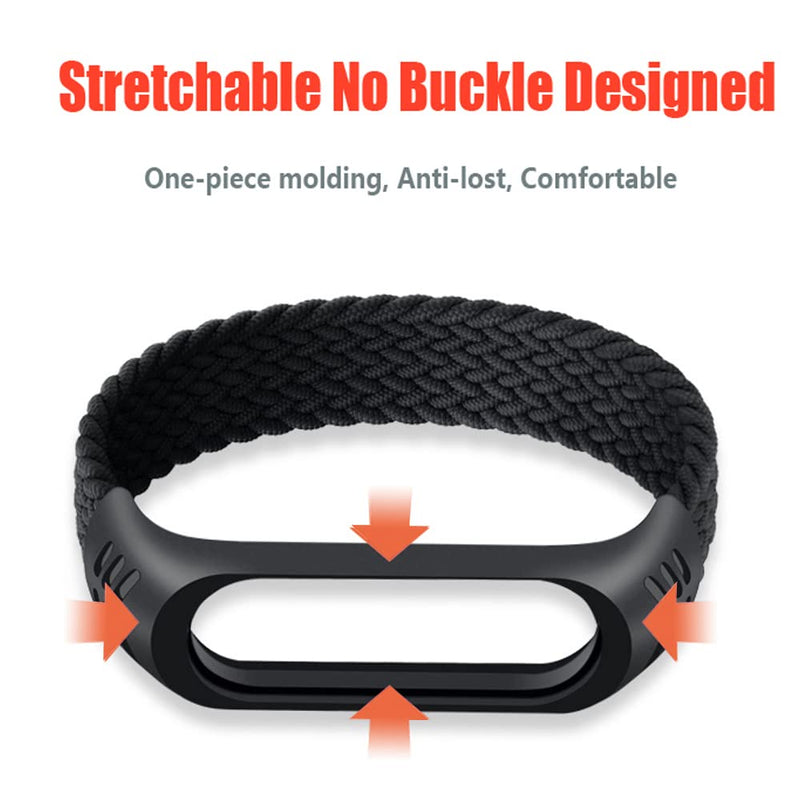 Braided Solo Loop Band Compatible for Xiaomi Mi band 5 6 Bands,Women Men Soft Stretchable Nylon Sport Replacement Wristband for Mi Band 4 3 Elastics Fibres Strap M (160mm-170mm) Black - BeesActive Australia