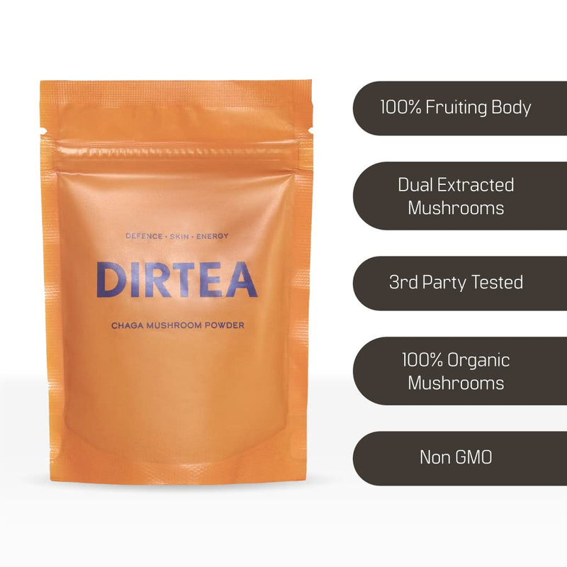 DIRTEA Chaga Mushroom Powder Pouch 60g - 30 Day Serving - Organic Caffeine Free Coffee Alternative - with Antioxidants & Vitamin D - Immunity, Healthy Skin & Hair - for Mushroom Tea - Vegan & Non-GMO - BeesActive Australia