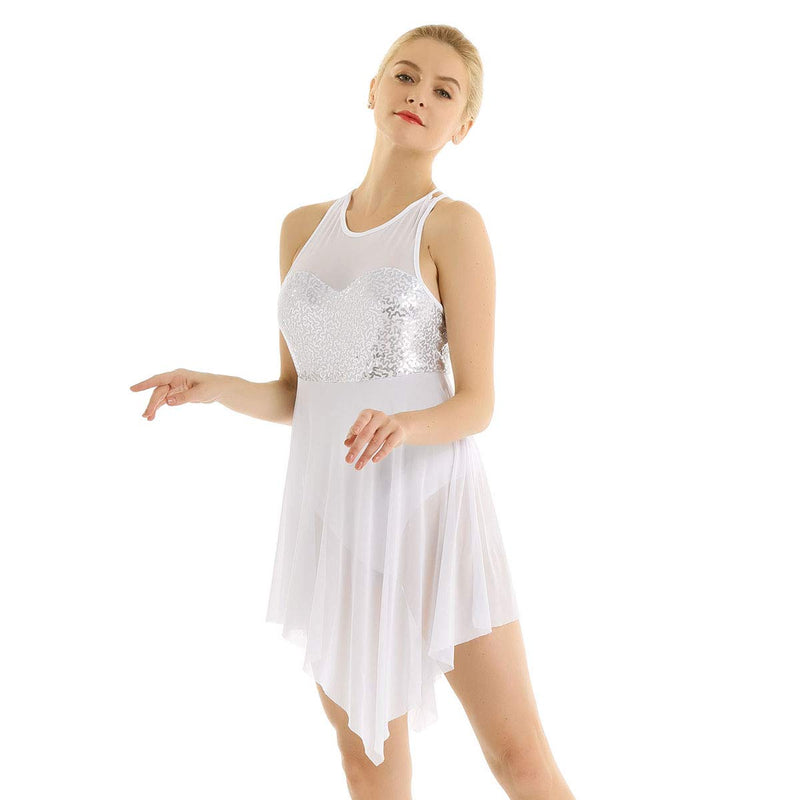 [AUSTRALIA] - iEFiEL Women Sleeveless Lyrical Dance Costume Sweetheart Sequins Asymmetric Mesh Dress Leotard Ballet Bodysuit White Medium 