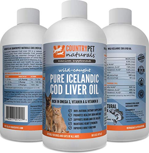 CountryPet Naturals DeepSea Iceland Cod Liver Oil(16oz) Healthy Coat/Skin/Joints+Immunity. Purest Form, Pharma grade. Sustainable. 100% Natural. Dispensing Pump. Best Omega3:6 ratio+EPA+DHA. CA Prop65 - BeesActive Australia