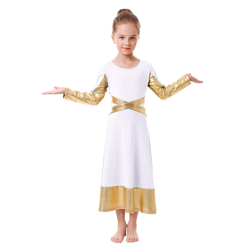 [AUSTRALIA] - Kids Metallic Gold Cross Praise Dance Dress for Girls Liturgical Loose Fit Full Length Tunic Dancewear Worship Long Costume 5-6 Years White-gold Cross 