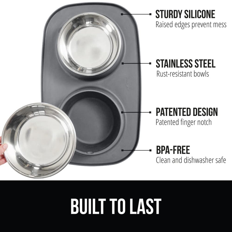 Gorilla Grip Slip Resistant Pet Bowls and Silicone Feeding Mat Set, Catch Water and Food Mess, Raised Edges for No Spills, Stainless Steel Cat and Dog Dish Bowl, Patent Pending Design 2 Cup Gray - BeesActive Australia