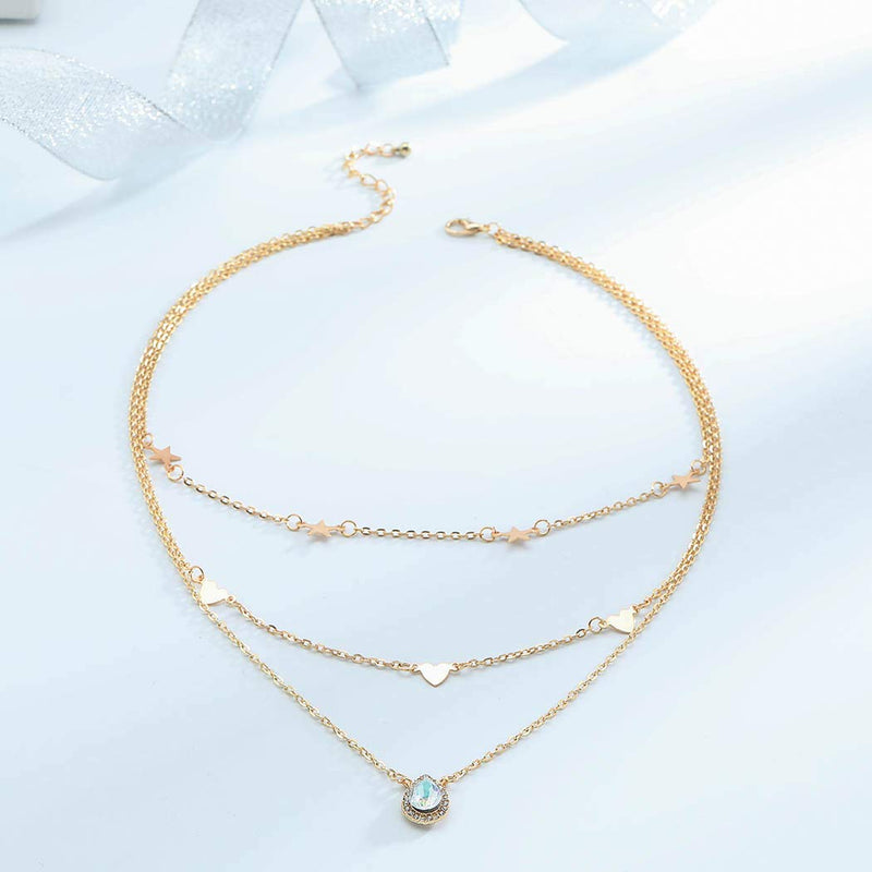 Edary Boho Layered Necklace Star Heart Necklaces Drop Water Pendant Gold Jewelry Accessories for Women and Girls. - BeesActive Australia