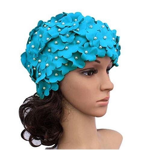 [AUSTRALIA] - Wendin Ladies Long Hair Flowers Pearl Swim Cap Pure Manual Bead Petals Bathing Comfortable Nylon Cloth Flowers Swimming Caps Swimming Hats 12" Front to Back 21" Around 12" Side to Side Light Blue 