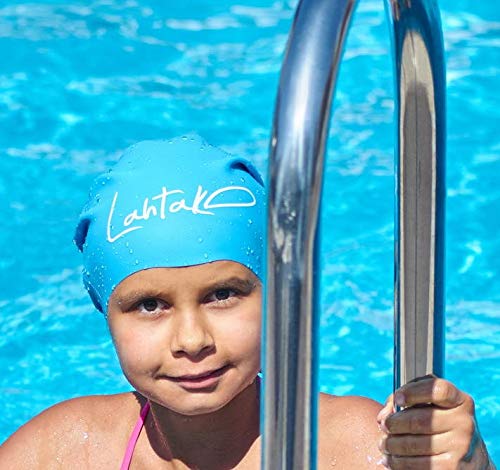 Swim Caps for Long Hair Kids - Swimming Cap for Girls Boys Kids Teens with Long Curly Hair Braids Dreadlocks - 100% Silicone Hypoallergenic Waterproof Swim Hat Aqua Blue X-Small - BeesActive Australia