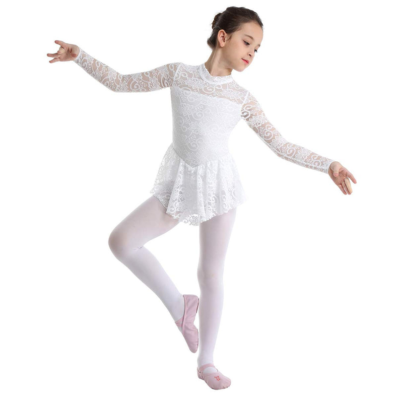 [AUSTRALIA] - JEATHA Kids Girls Lace Floral Long Sleeves Mock Neck Unitard Figure Ice Skating Ballet Leotard Dress Gymnastic Jumpsuit White 9 / 10 