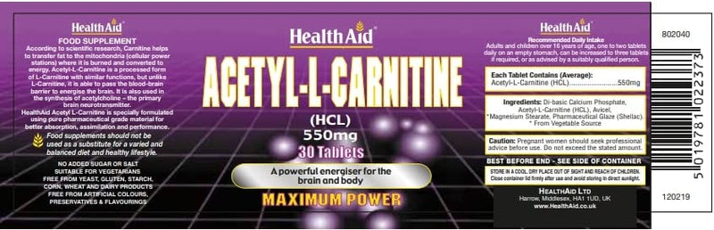 HealthAid Acetyl-L-Carnitine 550mg - 30 Tablets - BeesActive Australia