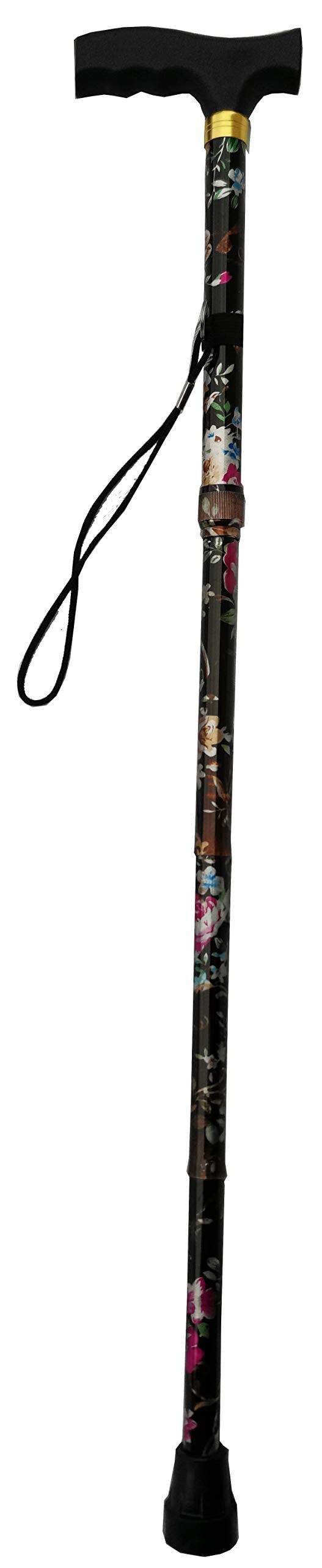 Deluxe Folding Compact 4-part Ladies Walking Stick, Stunning Floral Print with a Unique Ergonomic Easy-Grip Moulded Handle and Adjustable Height Walking Cane for Women - 32.5” – 37” Black/Brown Floral - BeesActive Australia