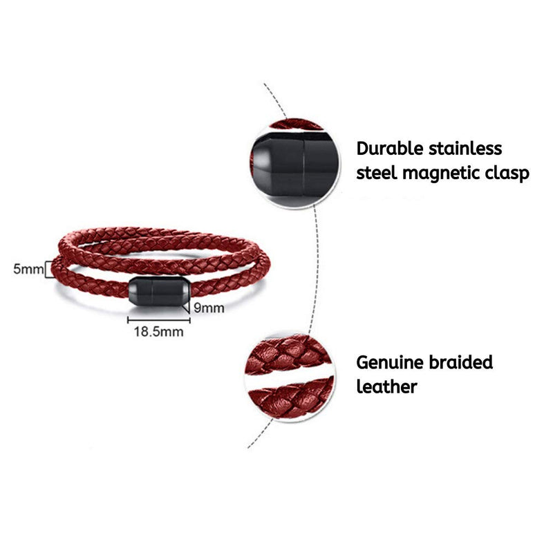 globi Leather Bracelet For Men | Genuine Wrap Braided Leather Cuff Bangle Bracelet with Magnetic Stainless Steel Clasp For Men/Women Red 8 Inches - BeesActive Australia