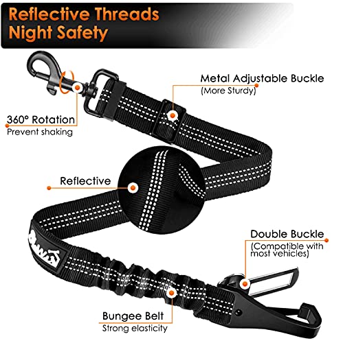 SlowTon Dog Seat Belt, Adjustable Dog Safety Belt Leash, 2 in 1 Latch Bar Attachment Dog Car Seatbelt with Elastic Nylon Bungee Buffer, Reflective Nylon Belt Tether Connect to Dog Harness 1Pack - Black - BeesActive Australia