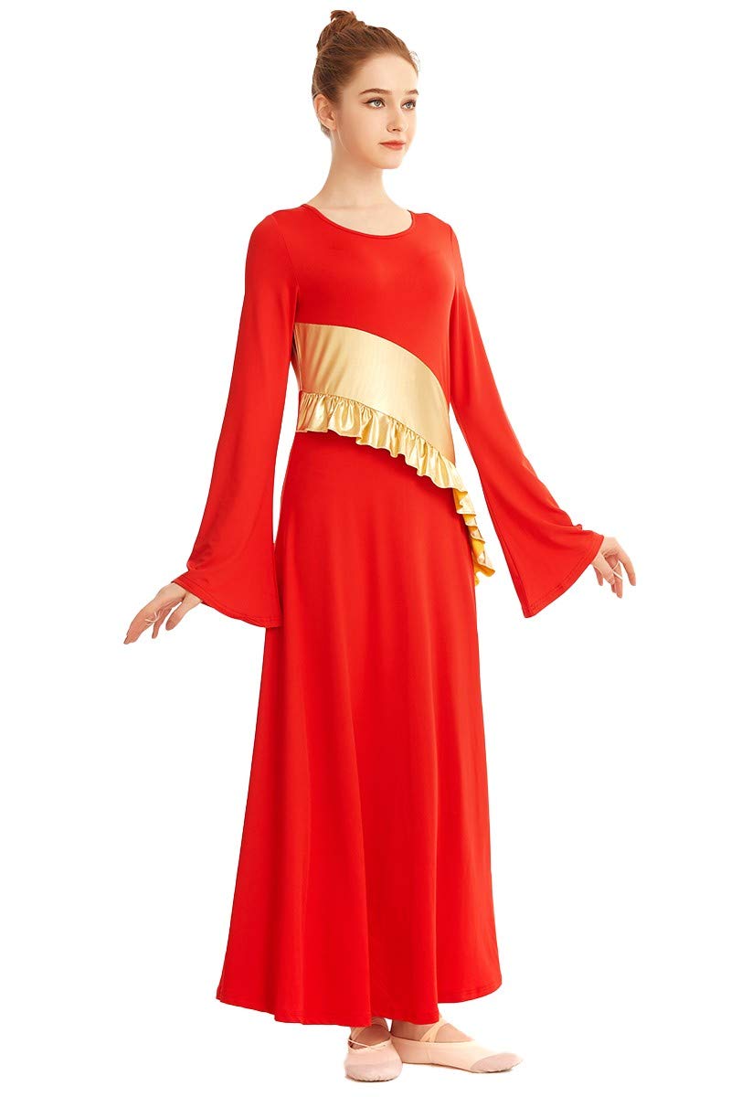 [AUSTRALIA] - MYRISAM Women Metallic Gold Liturgical Praise Worship Long Sleeve Dress Full Length Loose Fit Ruffle Pleated Dancewear Red Medium 