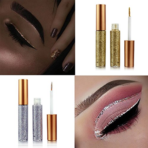 Liquid Glitter Eyeliner 3 Color Metallic Glitter Sparkling Eyeliner Face Eye Cosmetic Glow Shimmer Makeup Glitter Eye Shadow Long Lasting Sparkling Eyeliner Eye Shadow Gold Brown,Silver and Pink 3 Count (Pack of 1) - BeesActive Australia