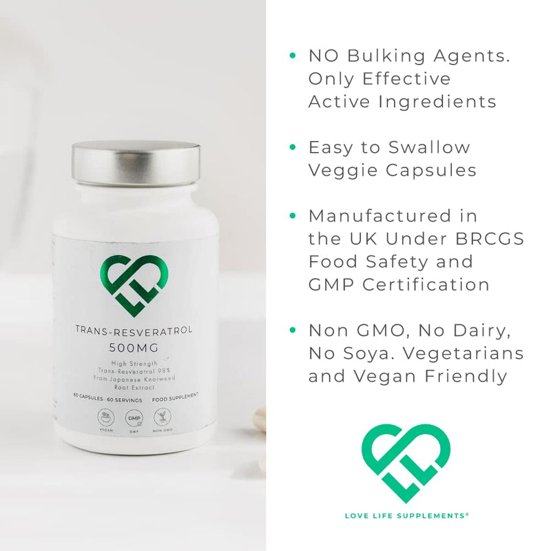 High Strength Trans-Resveratrol - 98% Purity (3rd Party Tested) | 500mg x 60 Capsules / 60 Servings | from Japanese Knotweed Root Extract | Pure Fill (Nothing Else Added) | Love Life Supplements - BeesActive Australia