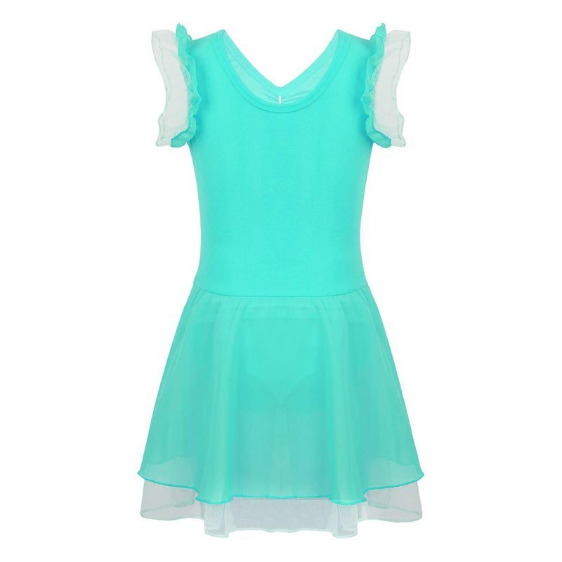 [AUSTRALIA] - winying Kids Girls V Neck Ruffled Shoulder Flower Ballet Dance Leotard Dress Tutu Skirt Turquoise 7 / 8 