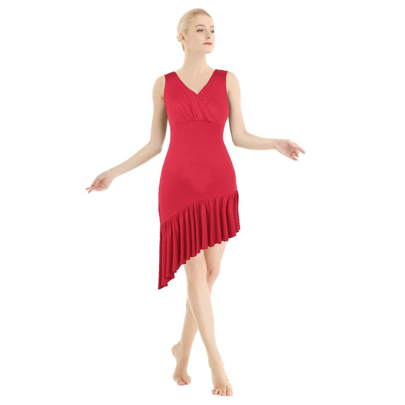 [AUSTRALIA] - TiaoBug Women's Latin Dance Dress Sleeveless V-Neck Ruffled Asymmetric Dancing Costume Red X-Large 