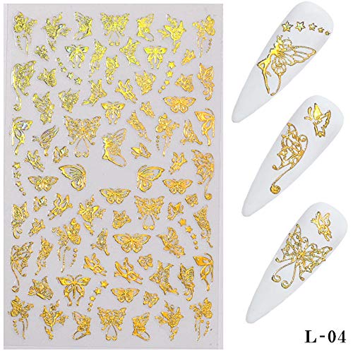 4 Sheets DIY Nail Art Adhesive Sticker Decals, Metallic Gold and Silver Butterfly Design Nail Art Decorations, Manicure DIY Nail Decals (Gold) - BeesActive Australia