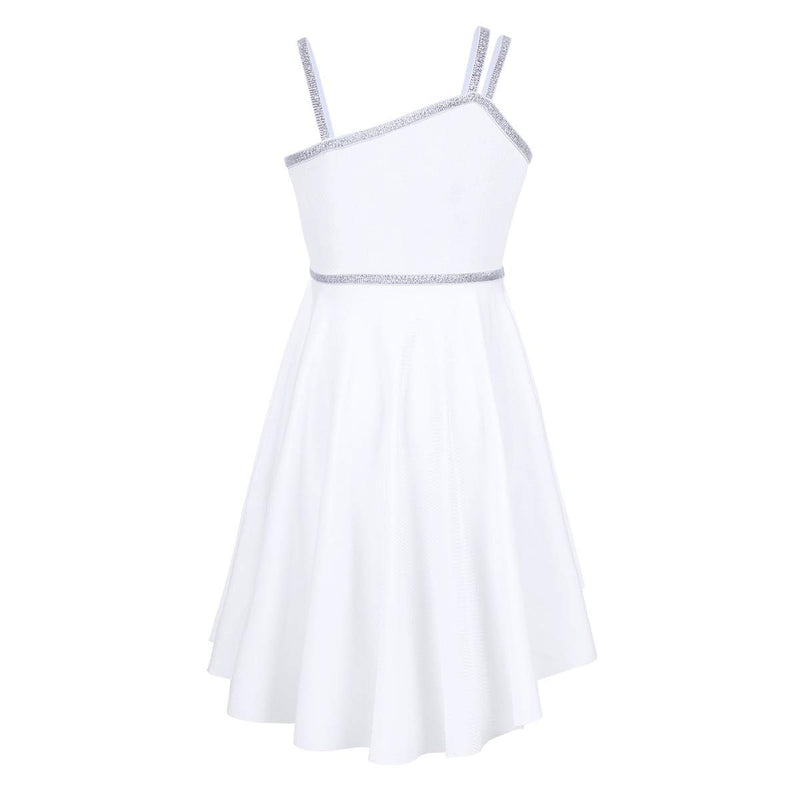 [AUSTRALIA] - easyforever Kids Girls Ballet Dance Irregular Shoulder Straps Shiny Gymnastics Leotard Dress White 10 