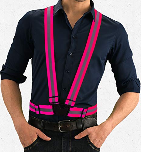 SGHVLU Running Reflective Vest 2 Pieces ElasticAdjustable ReflectiveVest with4 High-Visibility ReflectiveBelts Fluorescent Green + Pink - BeesActive Australia