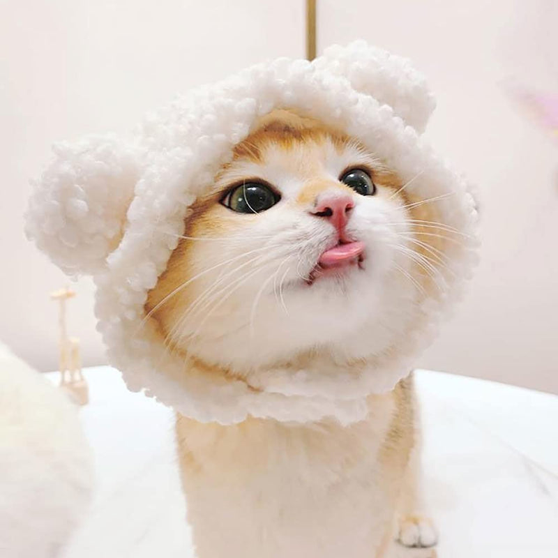 JOICEE Cute Cat Costume Warm Bear Hat for Cat Adjustable Soft Small Pet Headwear Bear Hat for Cat Puppy Dog White - BeesActive Australia