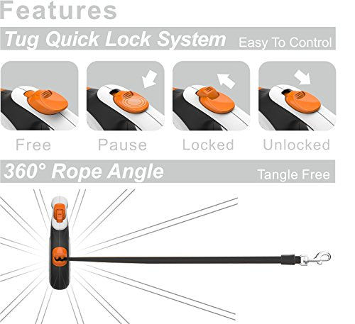 TUG 360° Tangle-Free Retractable Dog Leash with Anti-Slip Handle; Strong Nylon Tape/Ribbon; One-Handed Brake, Pause, Lock Medium White/Orange - BeesActive Australia
