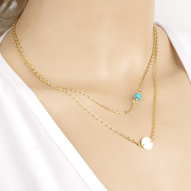 Ronglia Boho Layered Turquoise Choker Necklace Gold Disc Pendant Necklaces Sequins Chain Jewelry Adjustable for Women and Girls - BeesActive Australia