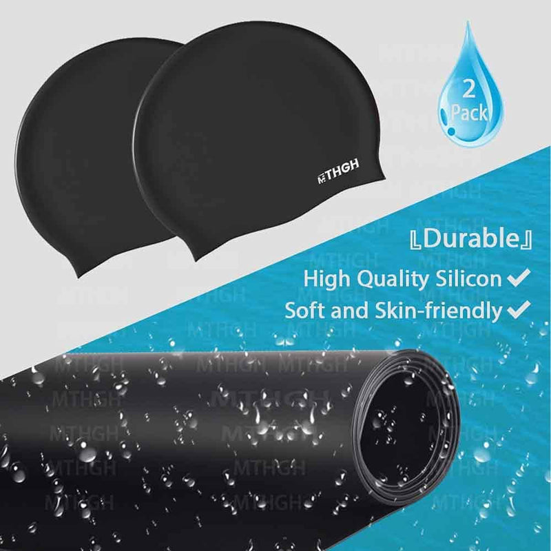 Swim Cap for Kids Girls Boys, Swimming Cap for Long Hair, 2Pack Silicone Swimmer Cap for Youths Unisex Black - BeesActive Australia