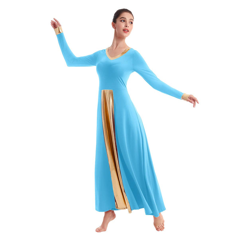 [AUSTRALIA] - IBAKOM Praise Liturgical Dance Costume for Women Loose Fit Full Length Metallic Gold V-Neck Worship Long Dress Dancewear Blue+gold X-Large 