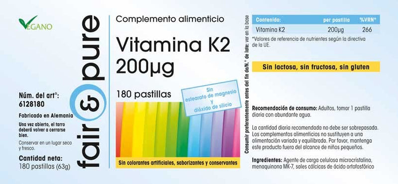 Fair & Pure� - Vitamin K2 200mcg, Vegan, high dose Natural menaquinone MK-7, MK7, Without Magnesium Stearate, 180 Vitamin K2 Tablets - BeesActive Australia