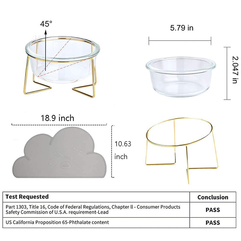 Glass Raised Cat Bowls or Small Dog Dishes with Gold Metal Stand,Anti Vomiting Tilted Transparent Pet Bowl, Elevated Food or Water Bowl Set with Grey Silicon Clouds Waterproof Mat 1 x 20oz bowl+1 mat - BeesActive Australia