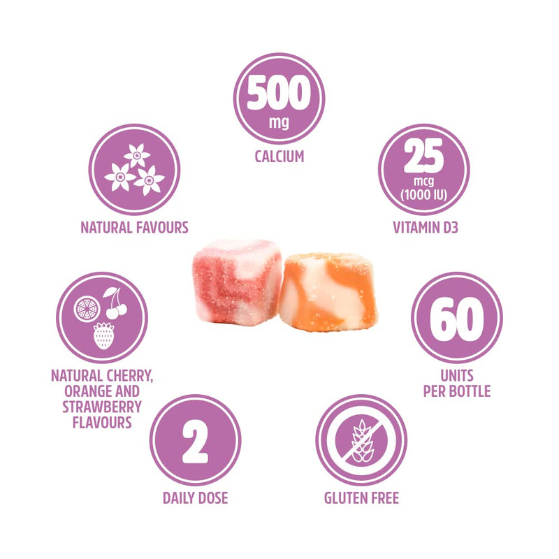 VITALDIN Calcium + Vitamin D3 Gummies � 500 mg Calcium & 1.000 IU Vitamin D per Serving � 60 Chewable Gummies (1-Month Supply); Fruit Flavour � Bone & Teeth Support � Gluten Free � for Kids & Adults - BeesActive Australia