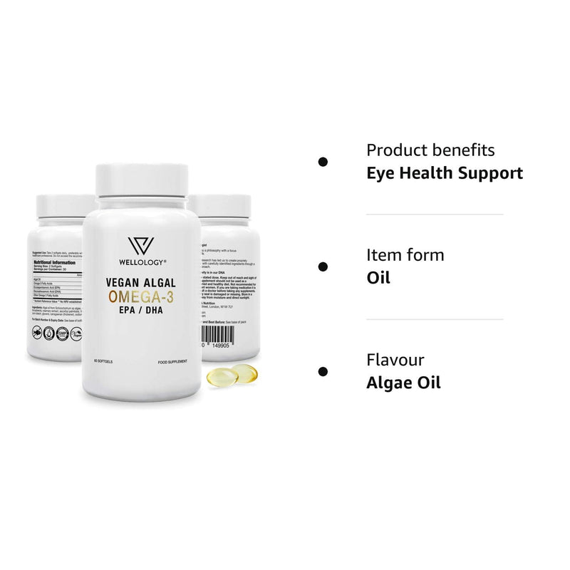 Vegan Omega 3-1200mg Fermented Algae Oil - High Strength EPA DHA - Natures Purest Omega Fatty Acids - Contaminant-Free Alternative to Fish Oil, Cod Liver Oil or Krill Oil - 60 Softgels by Wellology - BeesActive Australia