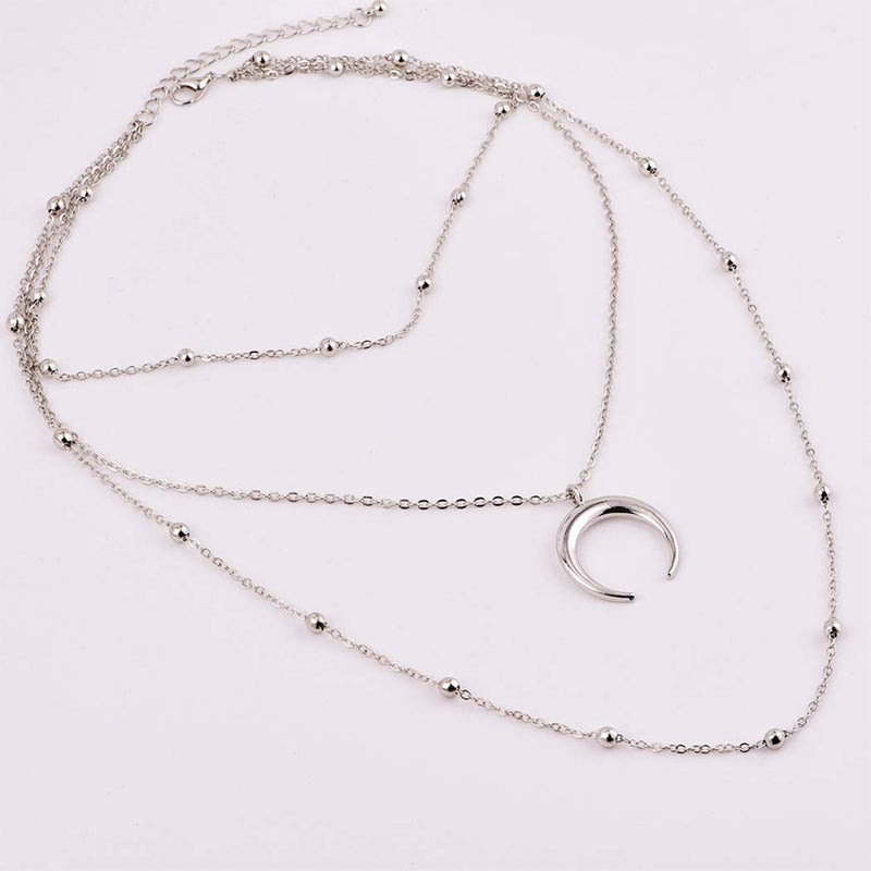 Funyrich Boho Layered Moon Necklace Chain Sliver Beads Necklaces Pendant Jewelry for Women and Girls - BeesActive Australia