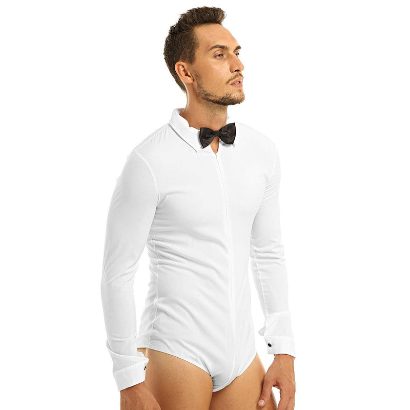 [AUSTRALIA] - ranrann Men's Long Sleeve Zipper Front Shirts Latin Modern Dance Romper Leotard Tops Bodysuit White Medium 
