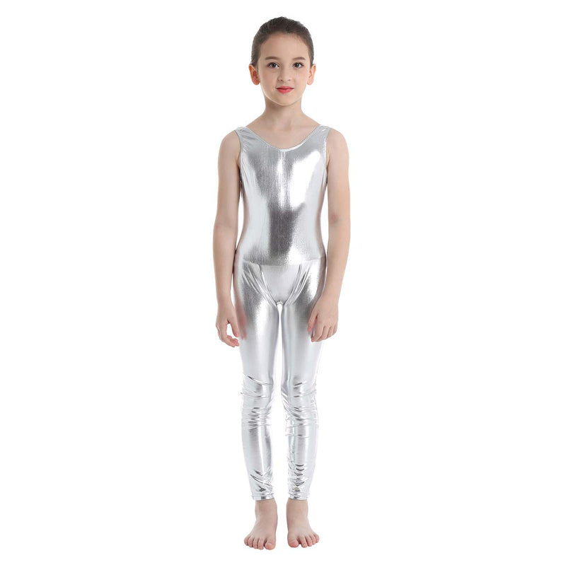 [AUSTRALIA] - TiaoBug Kid's Metallic Sleeveless Long Sleeve Full Body Gymnastics Unitard Foil Costumes Lycra Spandex Tank Bodysuit Silver 8-10 