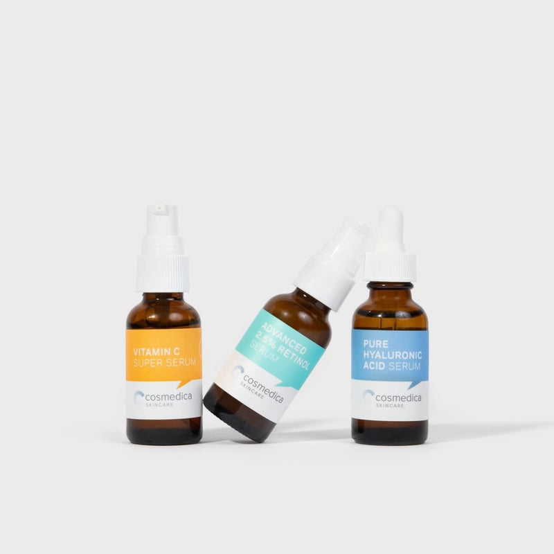 Cosmedica Skincare Facial Serum Trio Set Value for Clear Skin - Vitamin C Super Serum, 2.5% Retinol Serum, Pure Hyaluronic Acid Serum – Vegan, Cruelty-Free Skincare - BeesActive Australia