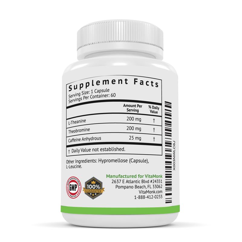 VitaMonk Low Dose Caffeine and Theanine - L Theanine Caffeine Pills - Microdose of L-theanine Caffeine Capsules - Time Release Caffeine Supplements - Caffeine L Theanine Pills - No Jitters - 60 Caps - BeesActive Australia