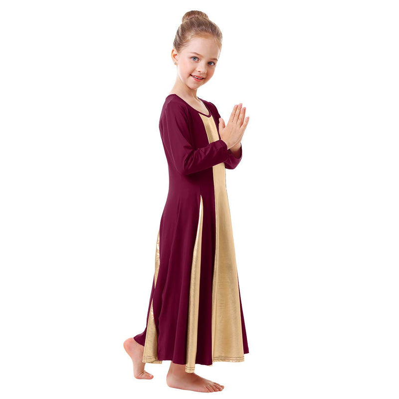 [AUSTRALIA] - IBAKOM Baby Little Big Girls Ruffle Metallic Gold Color Block Praise Dance Dress Liturgical Lyrical Worship Tunic Skirt Kid Dancewear Costume Burgundy-Gold 13-14 Years 