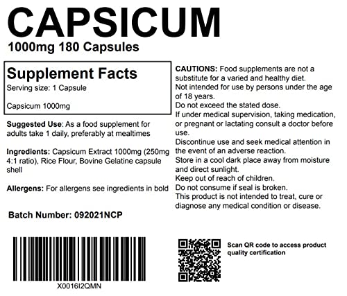 Capsicum Chilli Extract1000mg 180 Capsules UK Made. Pharmaceutical Grade Cayenne Pepper. Thermogenic - BeesActive Australia