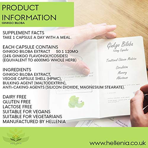 Hellenia Ginkgo Biloba | Highly Dosed 50:1 Extract 6000mg | High Strength | 180 Capsules | Manufactured in The UK - BeesActive Australia
