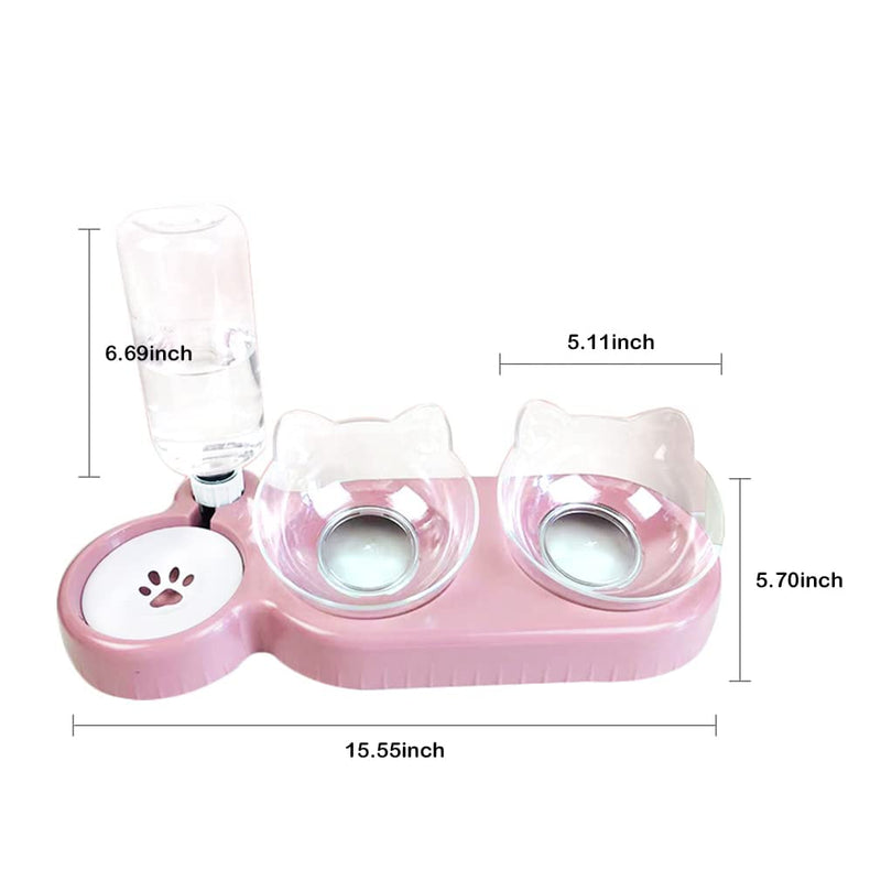 Triple Dog Cat Bowls,15°Tilt 3- in- 1 Water Feeder Bowls Cat Double Food Bowls with Automatic Water Bottle Bowl,Removable Cat Wet and Dry Food Bowl Set for Small Cat and Puppy Pink - BeesActive Australia