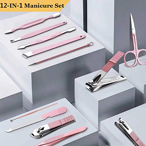 Melveiry 12 in 1 Manicure Set - Nail Clippers Pedicure Care Tools for Travel, Stainless Steel Grooming kit - Pink - BeesActive Australia