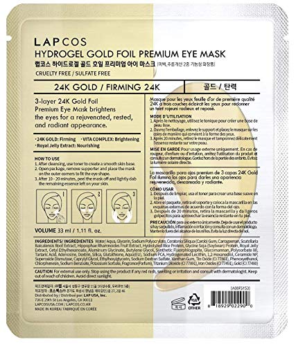 LAPCOS 24K Gold Foil Hydrogel Eye Mask (1 Pack) Under Eye Patches for Dark Circles, Puffiness, Fine Lines & Wrinkles - Anti-Aging Korean Eye Patches to Firm & Smooth Under Eye Skin - BeesActive Australia
