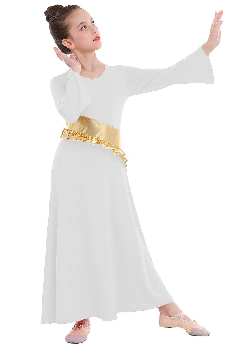 [AUSTRALIA] - MYRISAM Girls Metallic Gold Liturgical Praise Worship Long Sleeve Dress Full Length Loose Fit Ruffle Pleated Dancewear White 14-15 Years 