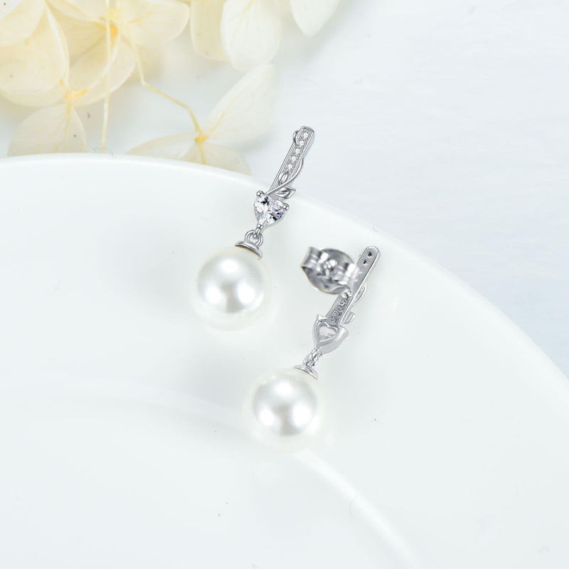 Sterling Silver White Gold Stud Pearl Earring Leaft Heart Zircon Crystal Bridal Wedding Jewelry Bridal Bridesmaid Mother Birthday Gift - BeesActive Australia
