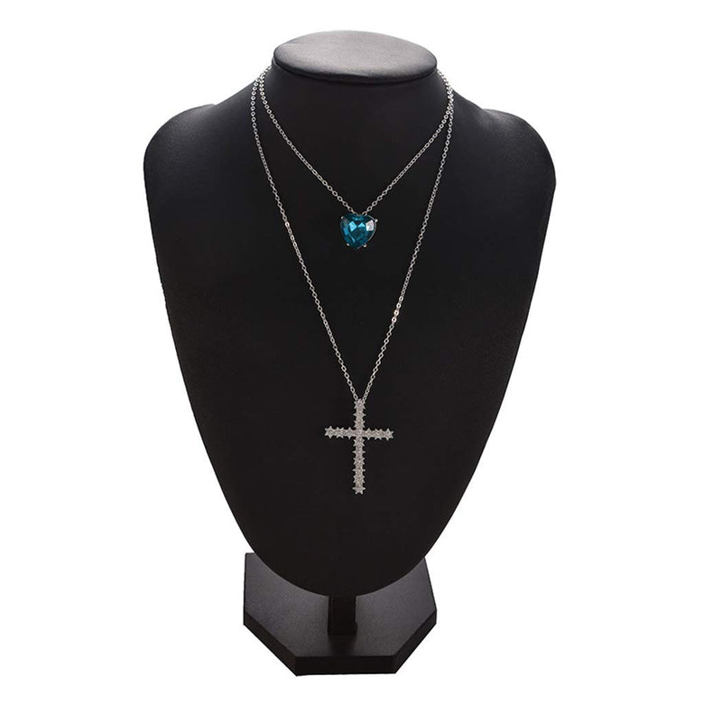 Jovono Silver Multilayed Cross Pendant Necklaces Fashion Blue Heart Crystal Necklace Chain Jewelry for Women and Girls - BeesActive Australia